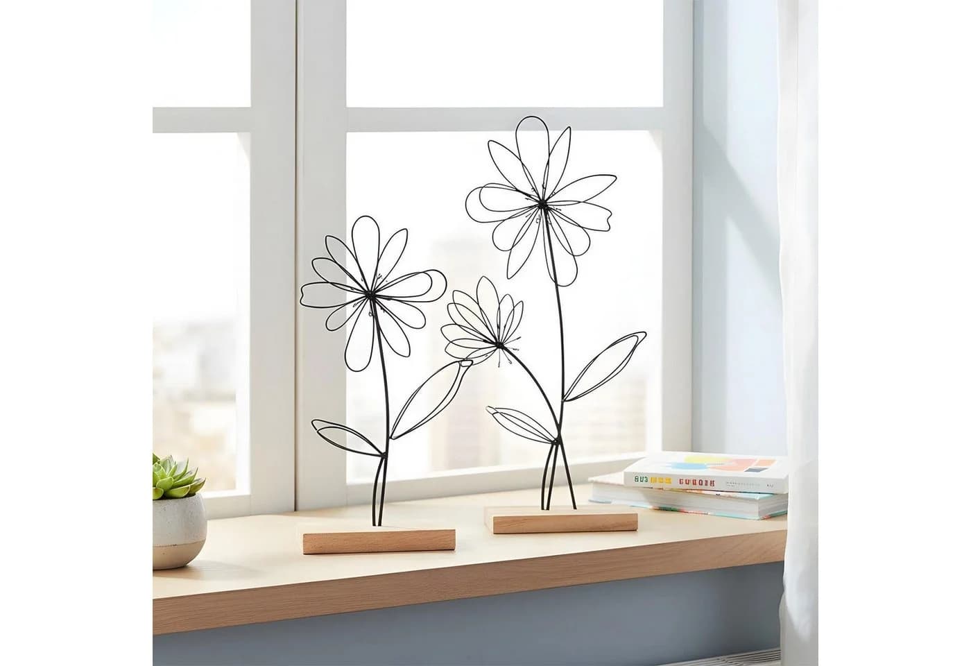 Levandeo® Dekoobjekt 2er Set Drahtblume Metall Holz Schwarz Natur - Bild 4