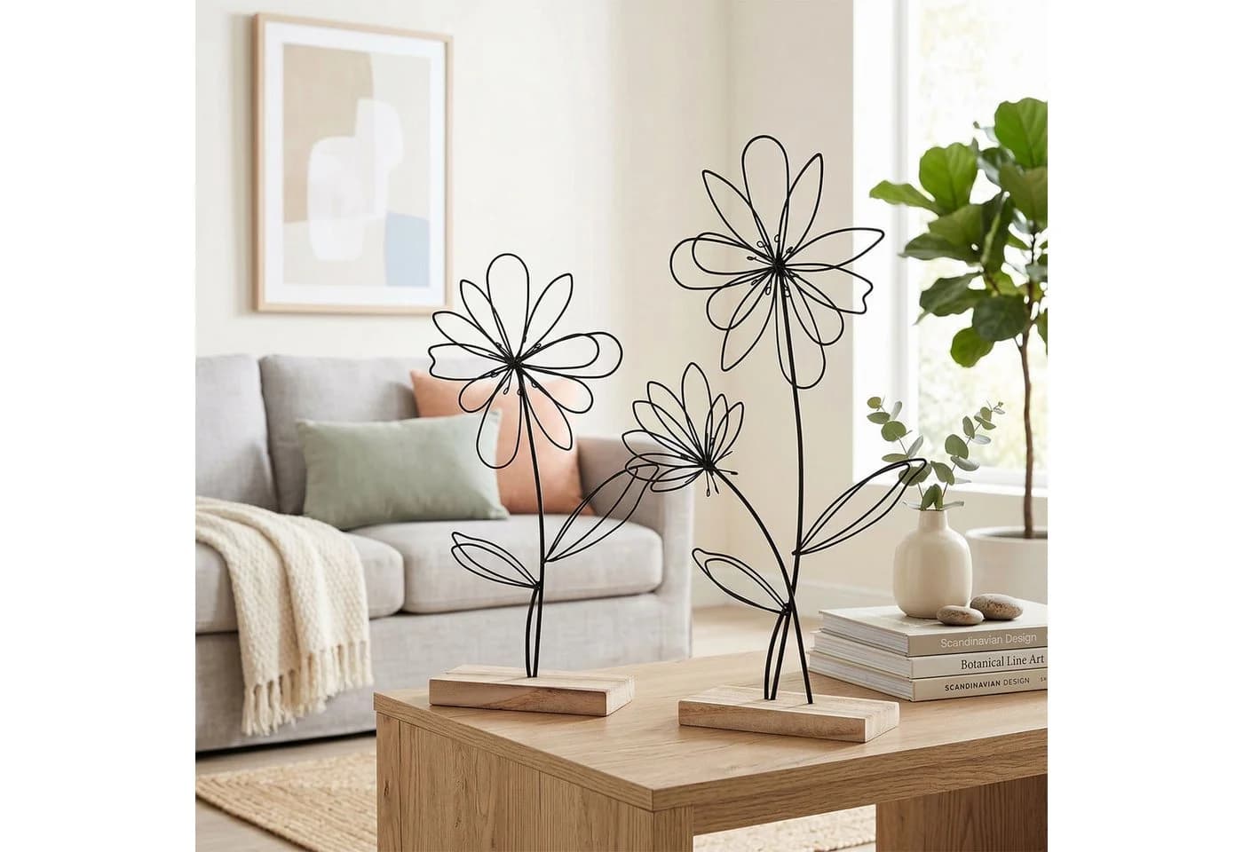 Levandeo® Dekoobjekt 2er Set Drahtblume Metall Holz Schwarz Natur - Bild 5