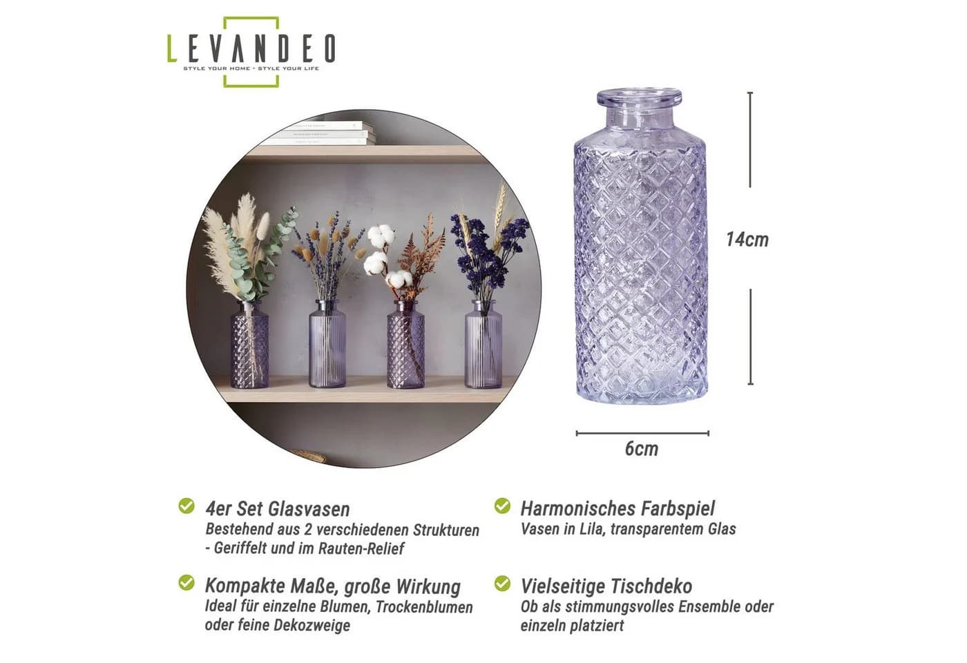 Levandeo® Dekovase 4er Set Glas Lila Pastell Tischdeko - Bild 3