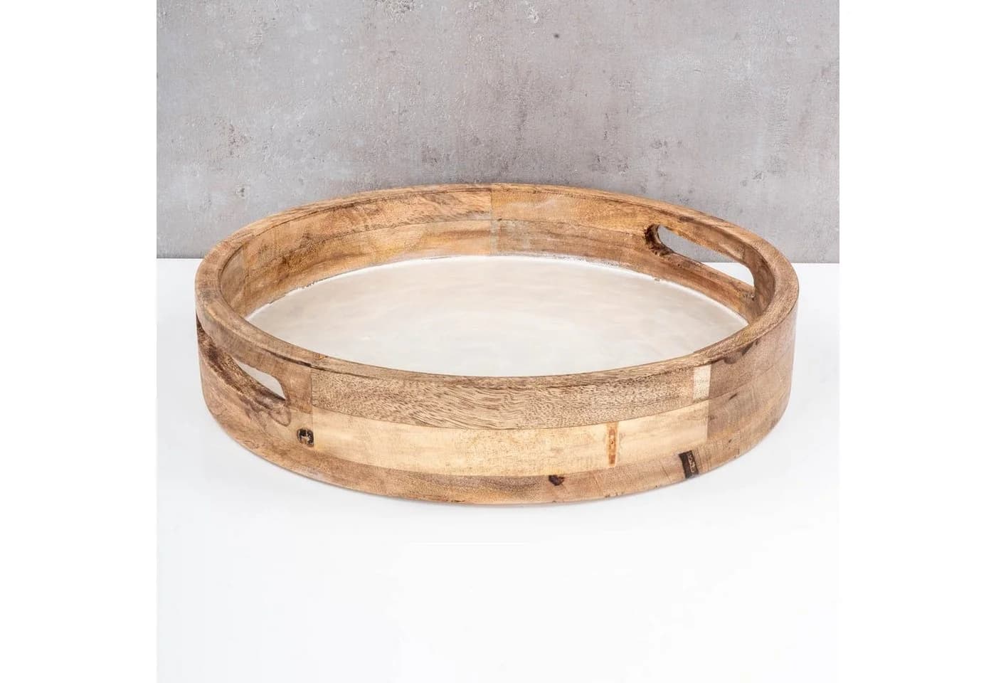 Levandeo Dekotablett Rund Mango Holz Creme Perlmutt Emaille