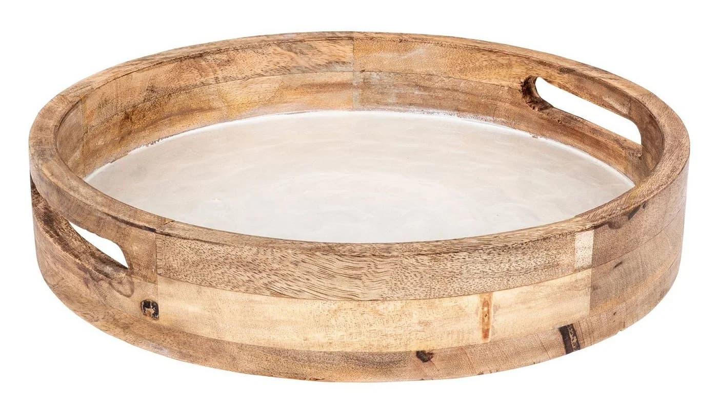 Levandeo Dekotablett Rund Mango Holz Creme Perlmutt Emaille - Bild 2