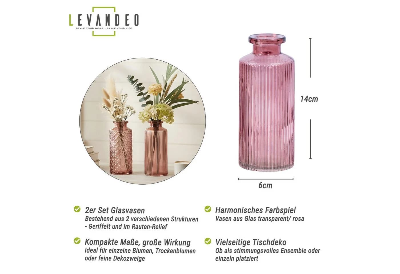 Levandeo® 2er Set Dekovase Rosa Glas H14cm Tischdeko - Bild 3