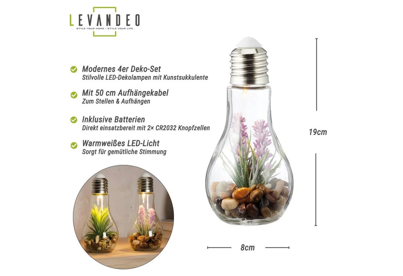 Levandeo® LED Dekoobjekt 4er Set Sukkulenten Glas Grün/Rosa - Bild 3