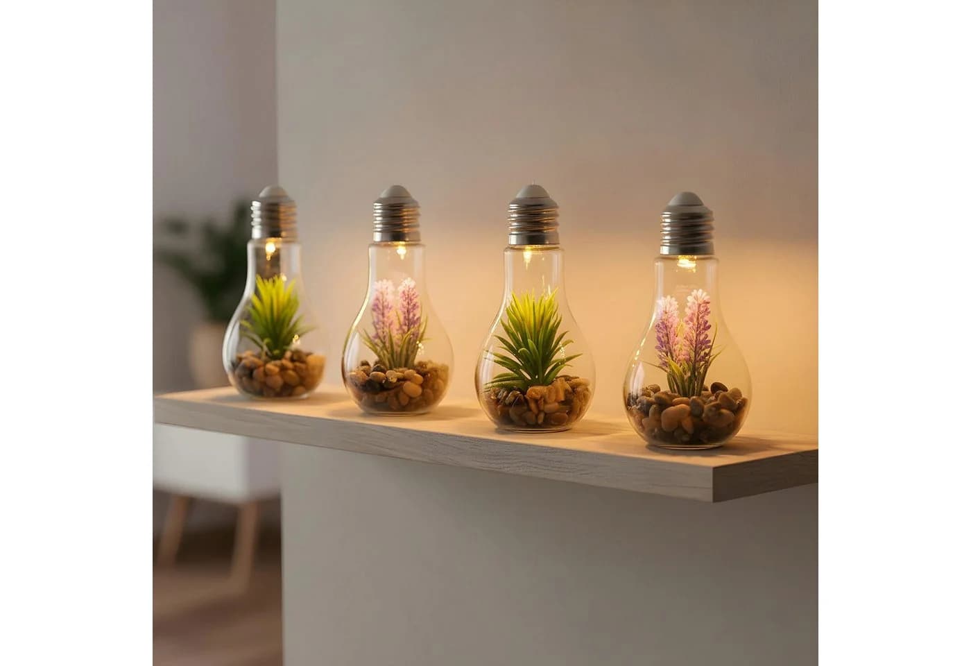 Levandeo® LED Dekoobjekt 4er Set Sukkulenten Glas Grün/Rosa - Bild 4
