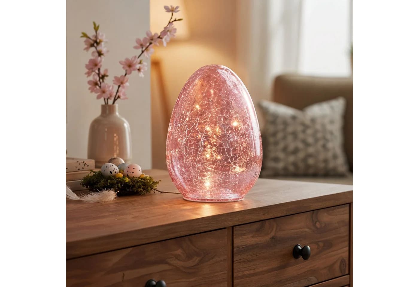 Levandeo® LED Osterei H16cm Rosa Glas Dekolampe Timer Osterdeko Tischlampe - Bild 2