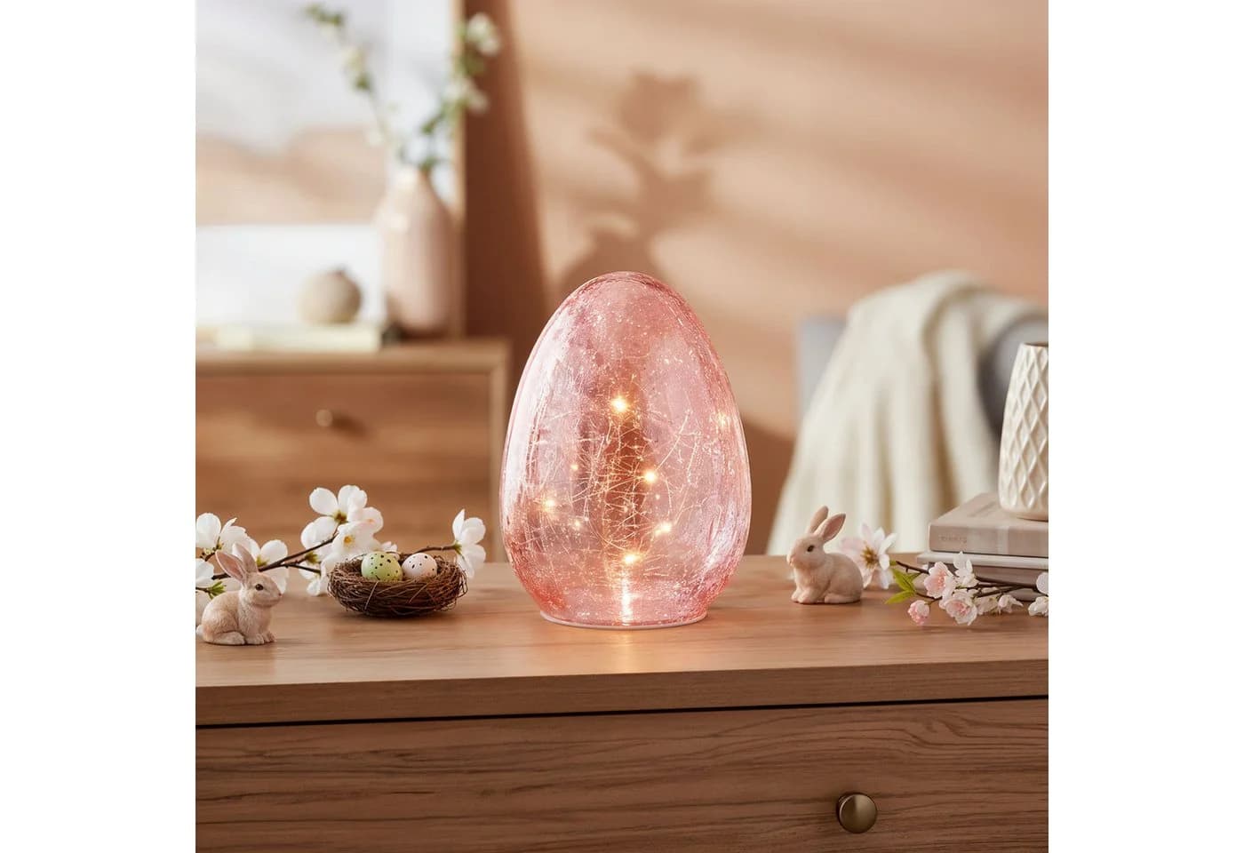 Levandeo® LED Osterei H16cm Rosa Glas Dekolampe Timer Osterdeko Tischlampe - Bild 4