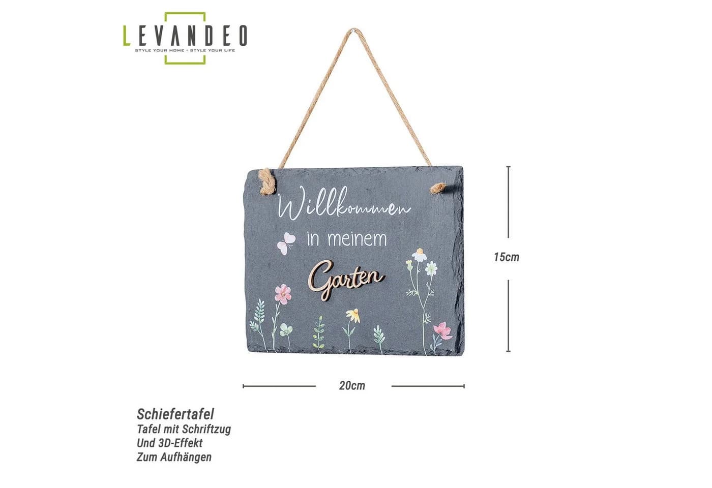 Levandeo® Schiefertafel Garten "Willkommen" mit Blumenmotiv