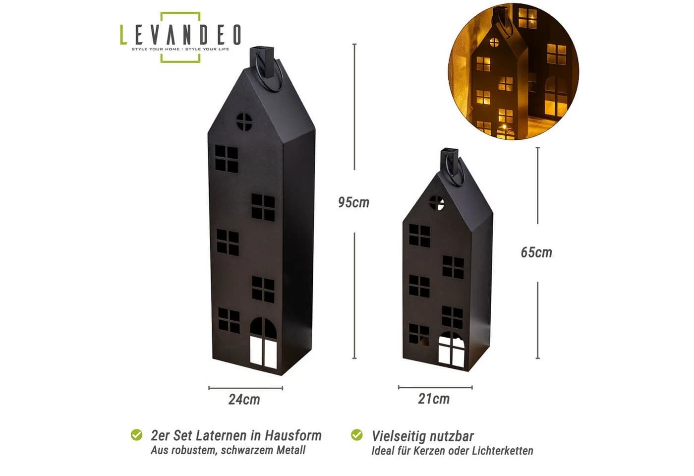 Levandeo® Kerzenlaterne 2er Set Schwarz Metall Deko Windlicht
