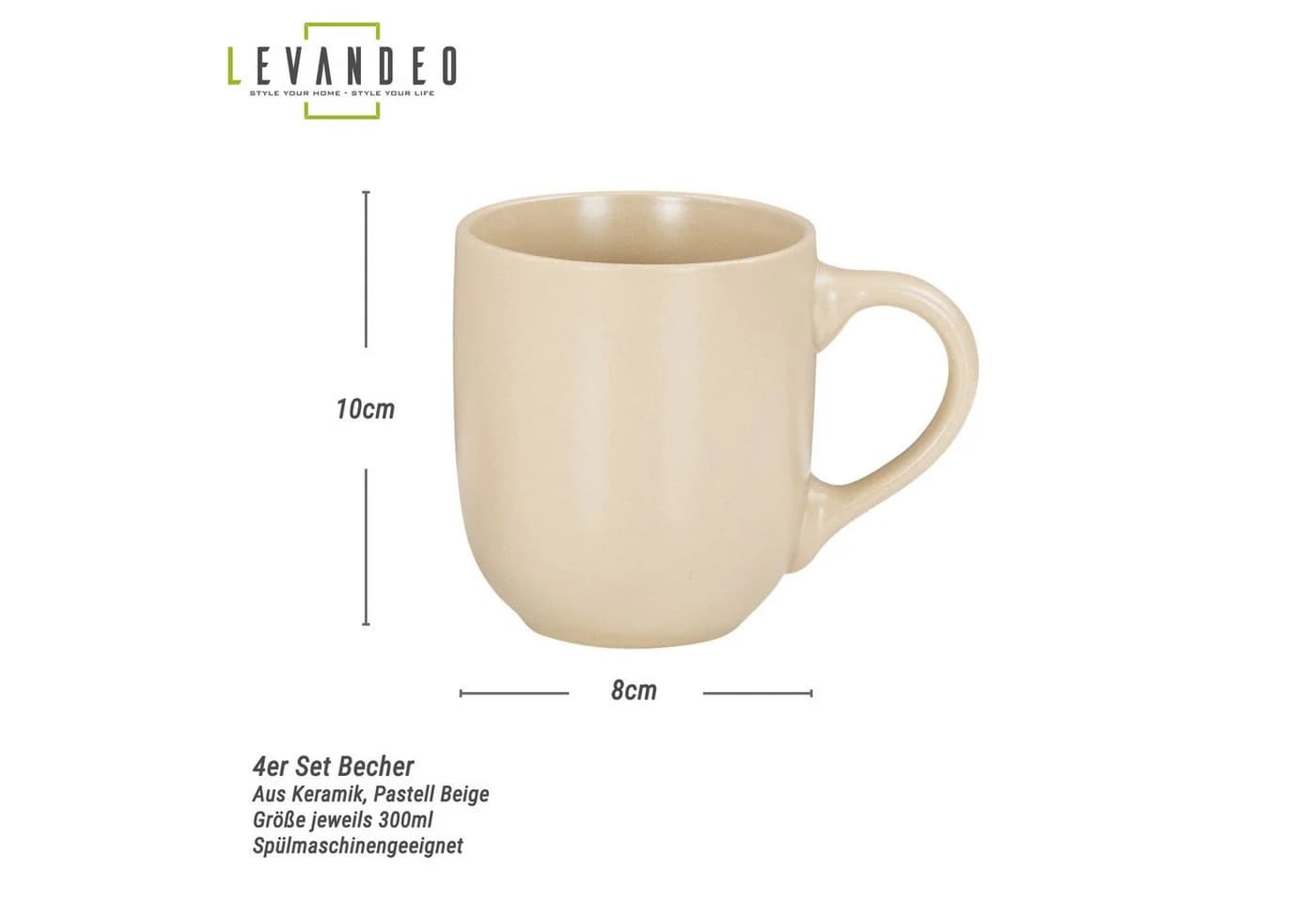 Levandeo® Becher 4er Set Steingut Beige 300ml