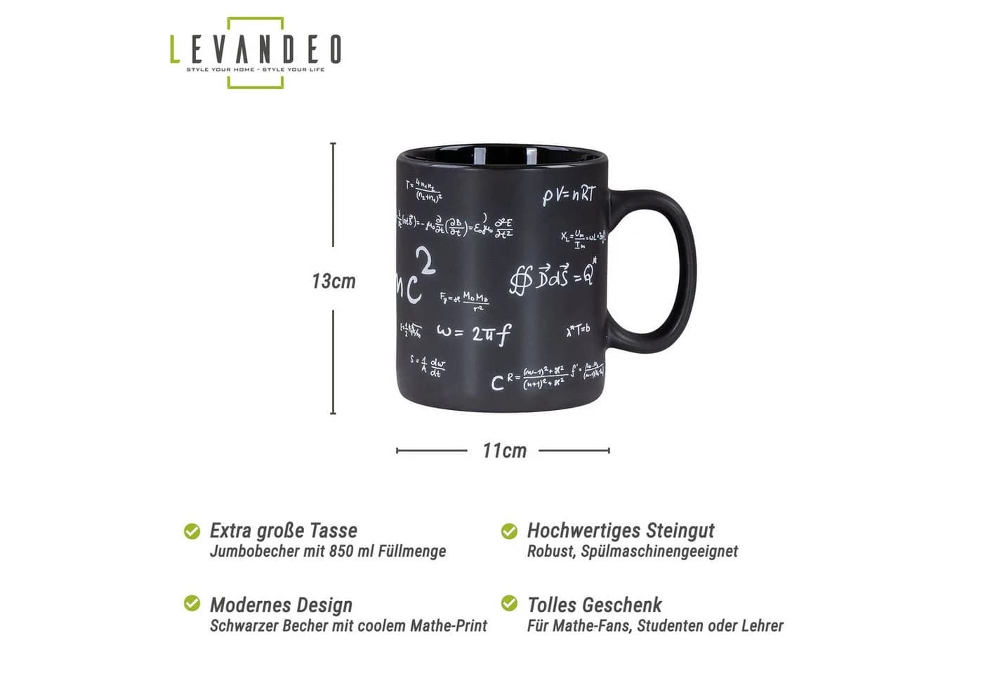 Levandeo® XXL Tasse 850ml Steingut Schwarz Mathematik