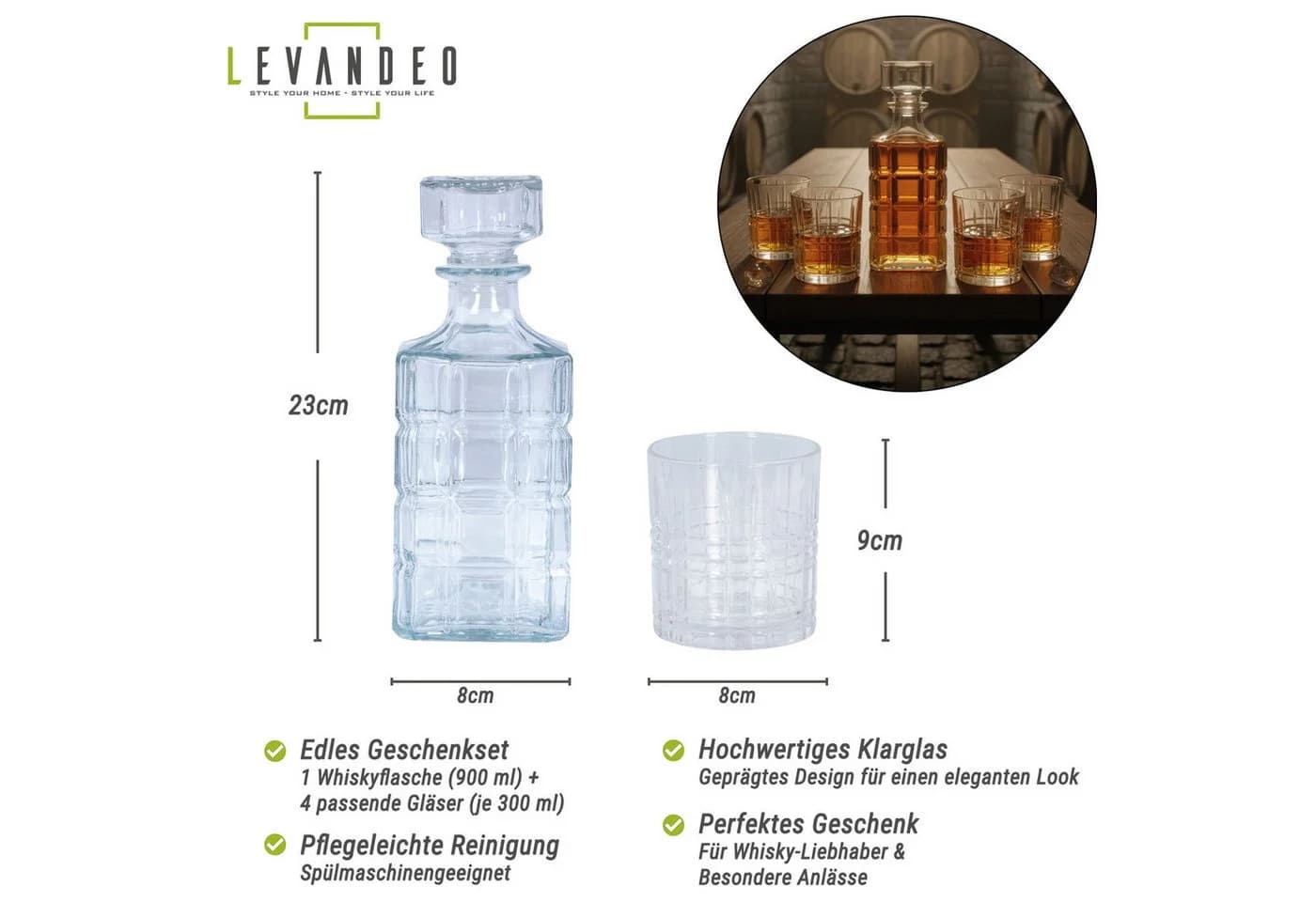 Levandeo® Whisky-Set 900ml Karaffe mit 4 Gläsern 300ml Glas Dekanter
