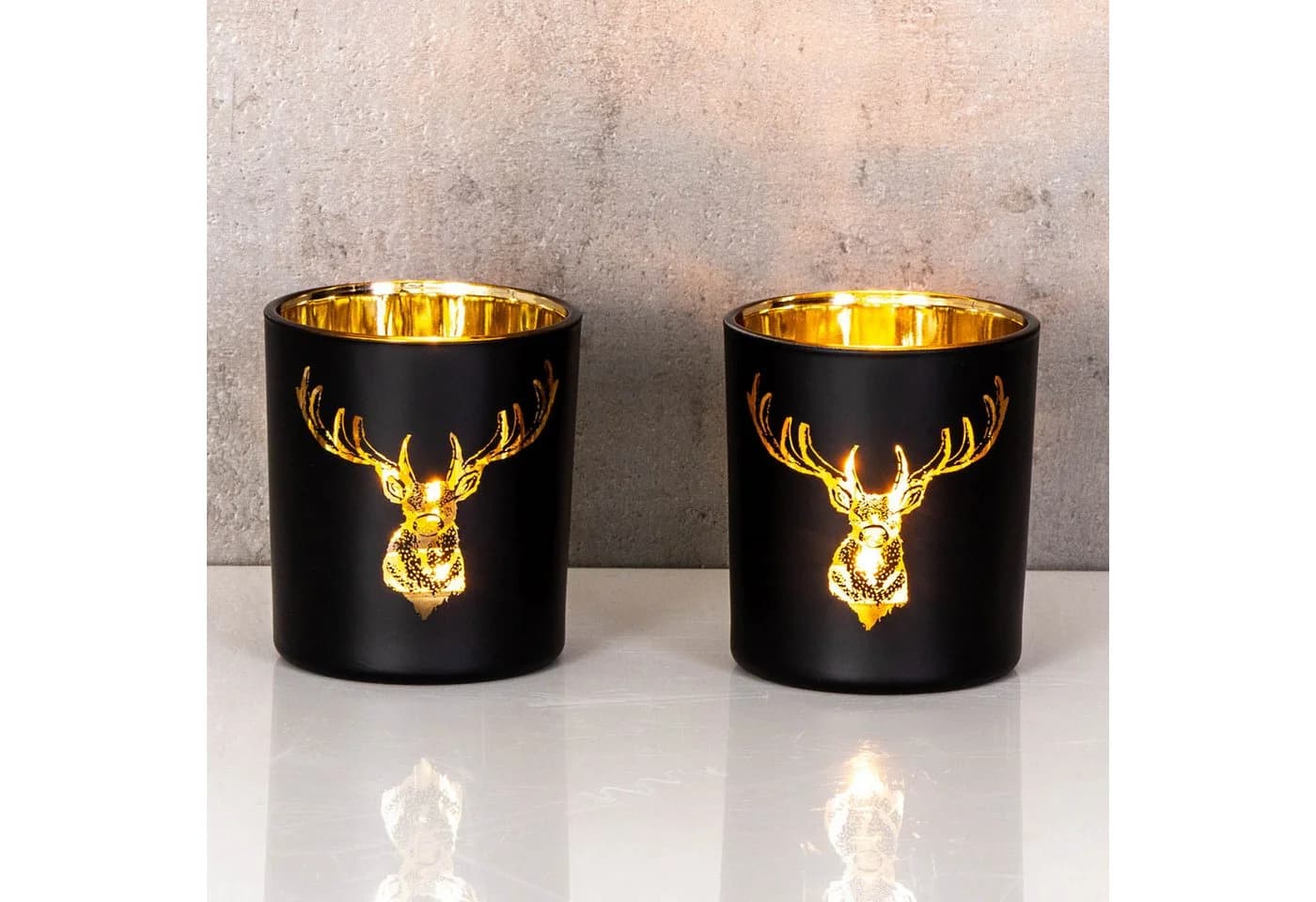 Levandeo® Teelichthalter 2er Set Hirsch Glas Kerzenhalter Schwarz Gold - Bild 4