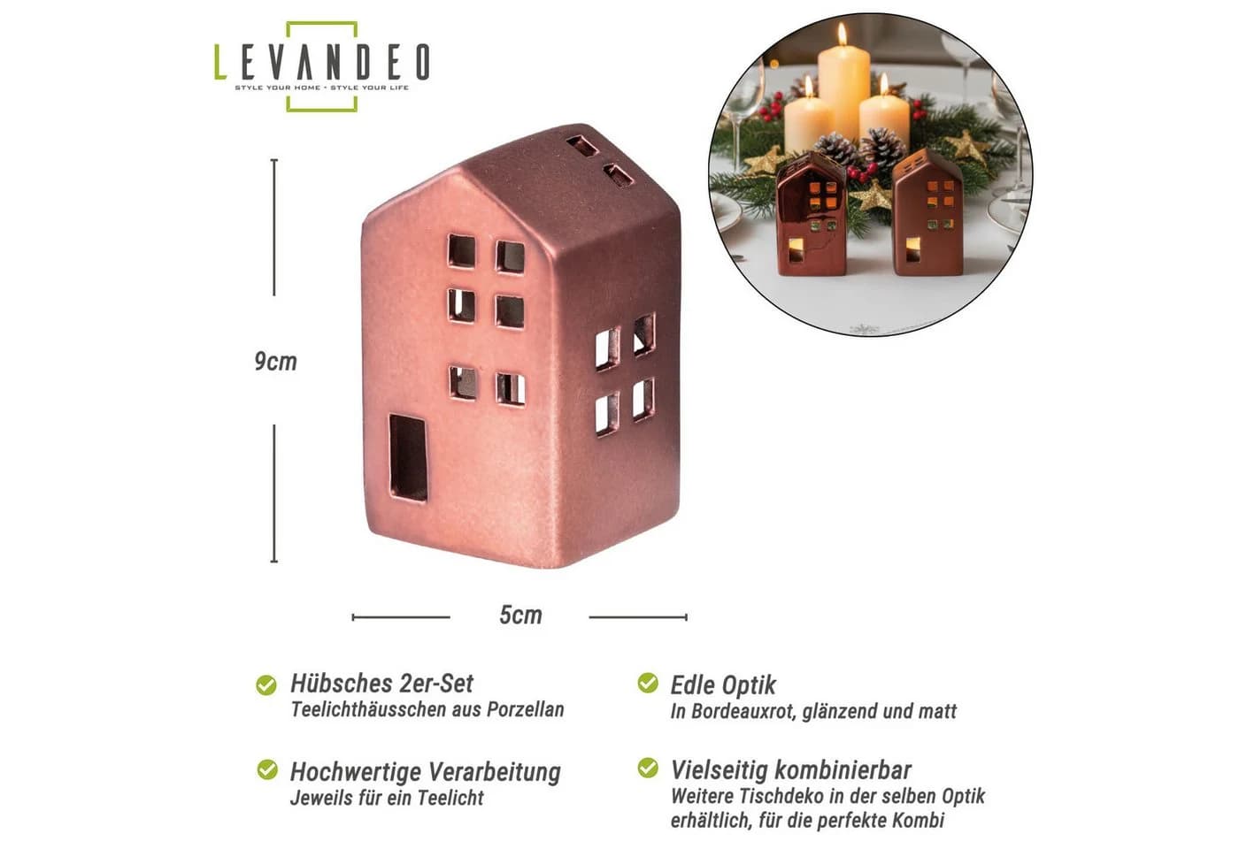 Levandeo® 2er Set Teelichthaus Porzellan Bordeaux Rot