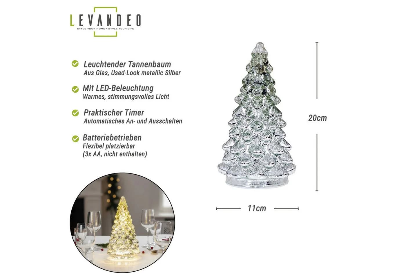 Levandeo LED Weihnachtsbaum Silber Glas Dekoobjekt mit Timer