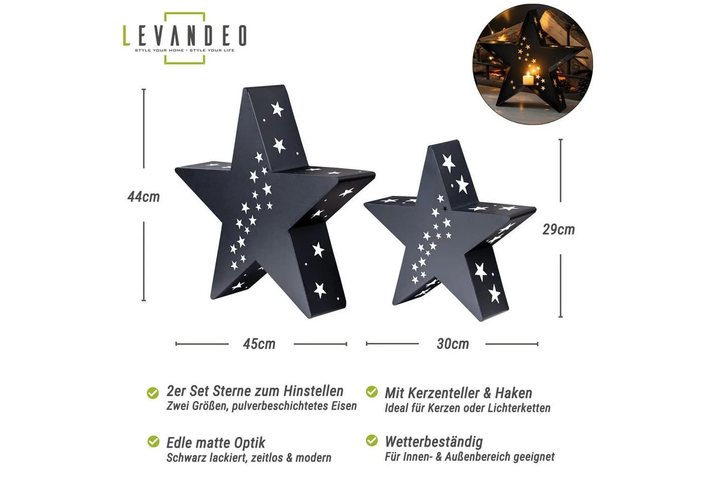 Levandeo® Kerzenlaterne 2er Set Metall Schwarz Sternform 30-45cm