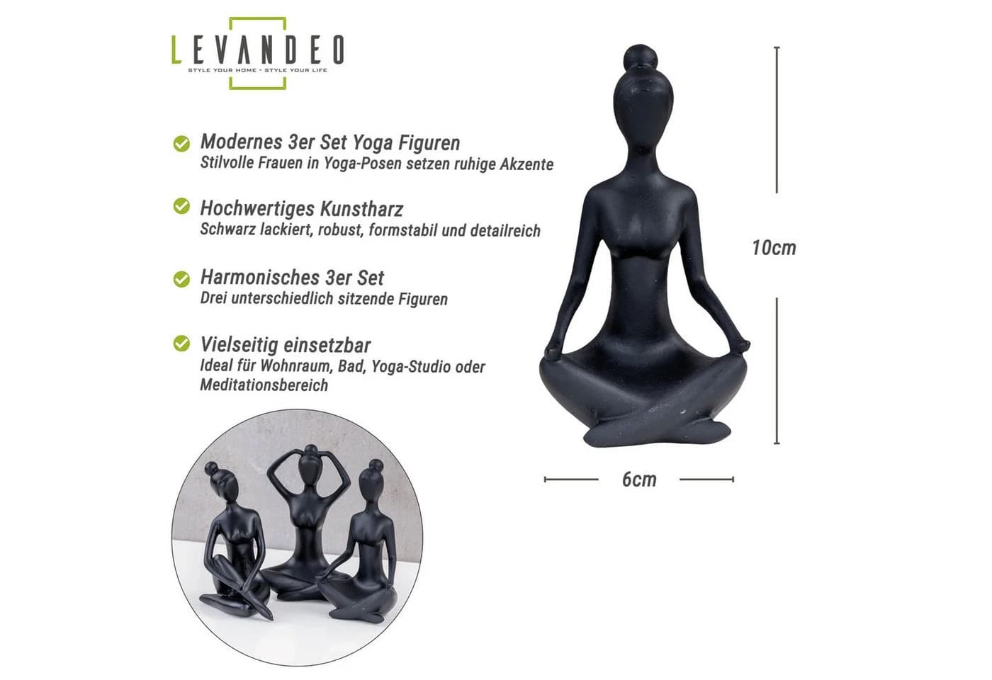 Levandeo® Yoga Deko Figur 3er Set Schwarz - Bild 3