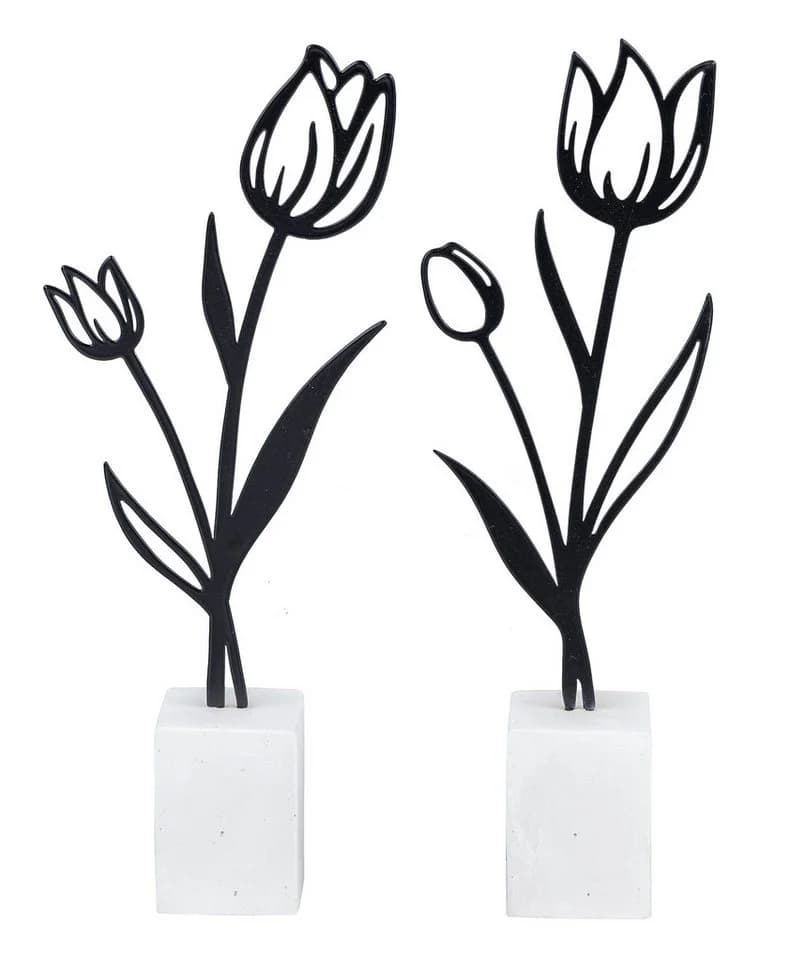 Levandeo® Dekoobjekt 2er Set Metall Tulpe Schwarz Beton Grau