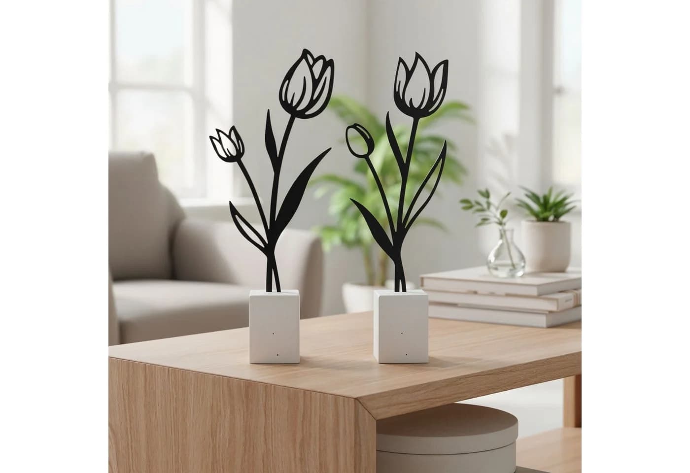 Levandeo® Dekoobjekt 2er Set Metall Tulpe Schwarz Beton Grau - Bild 2