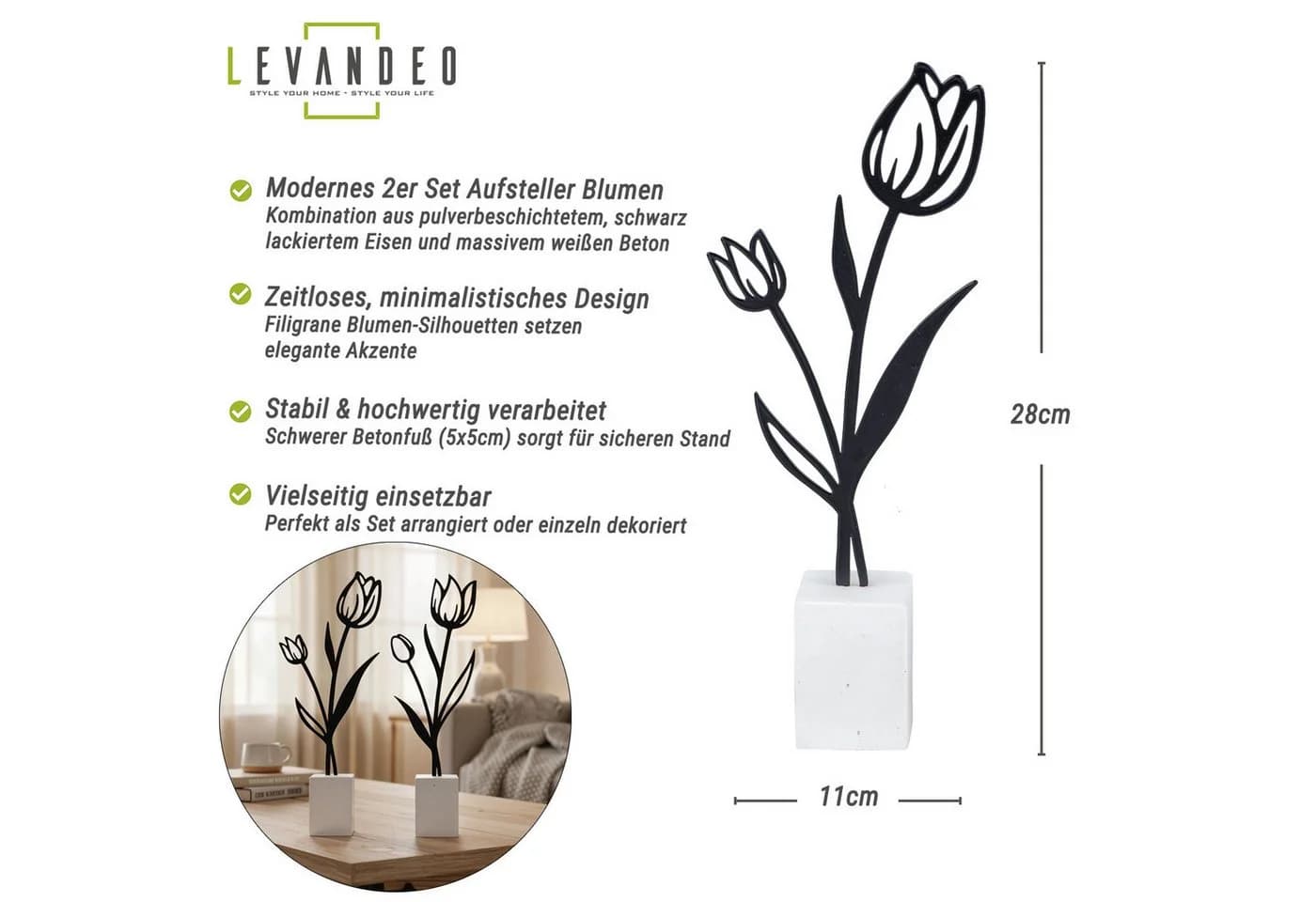 Levandeo® Dekoobjekt 2er Set Metall Tulpe Schwarz Beton Grau - Bild 3