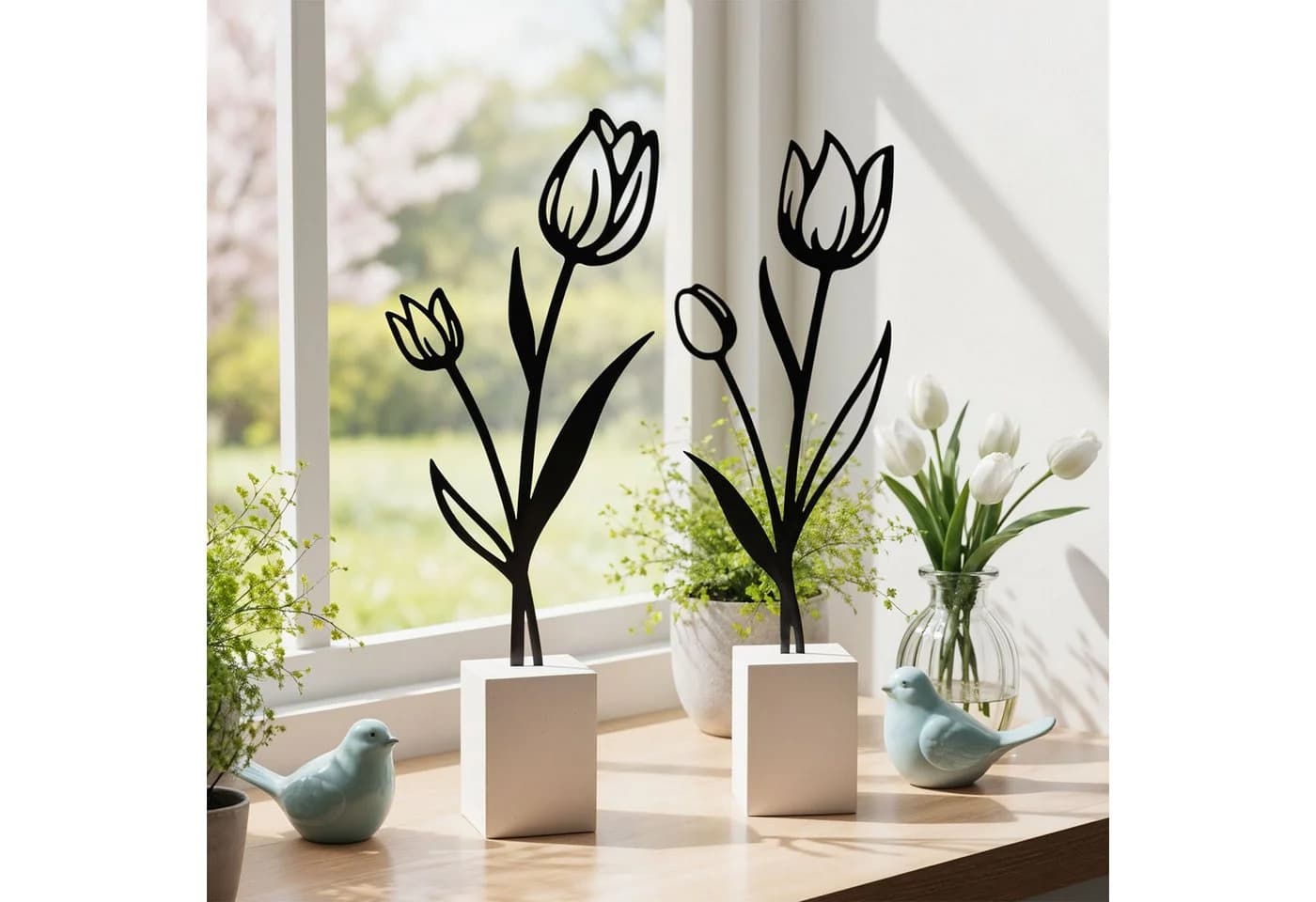 Levandeo® Dekoobjekt 2er Set Metall Tulpe Schwarz Beton Grau - Bild 4
