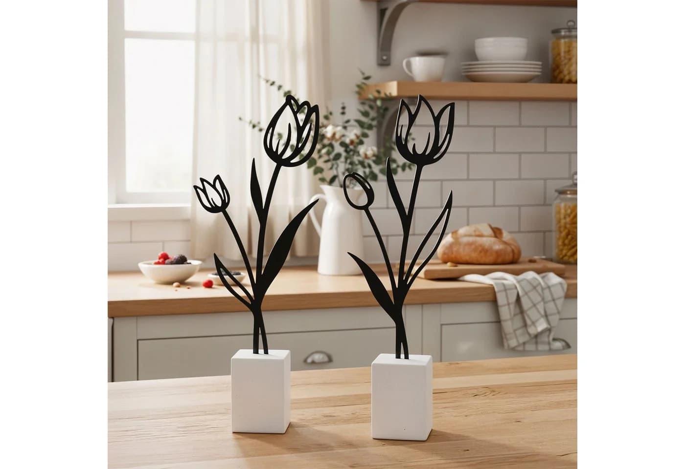Levandeo® Dekoobjekt 2er Set Metall Tulpe Schwarz Beton Grau - Bild 5