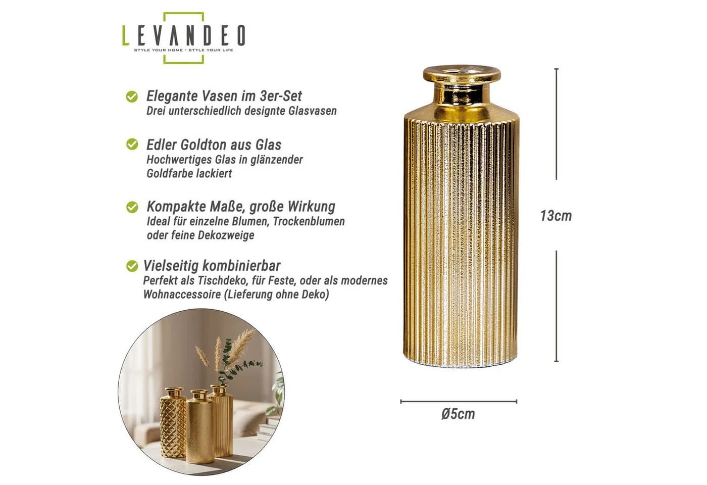Levandeo® Dekovase 3er Set Gold Glas Blumenvase