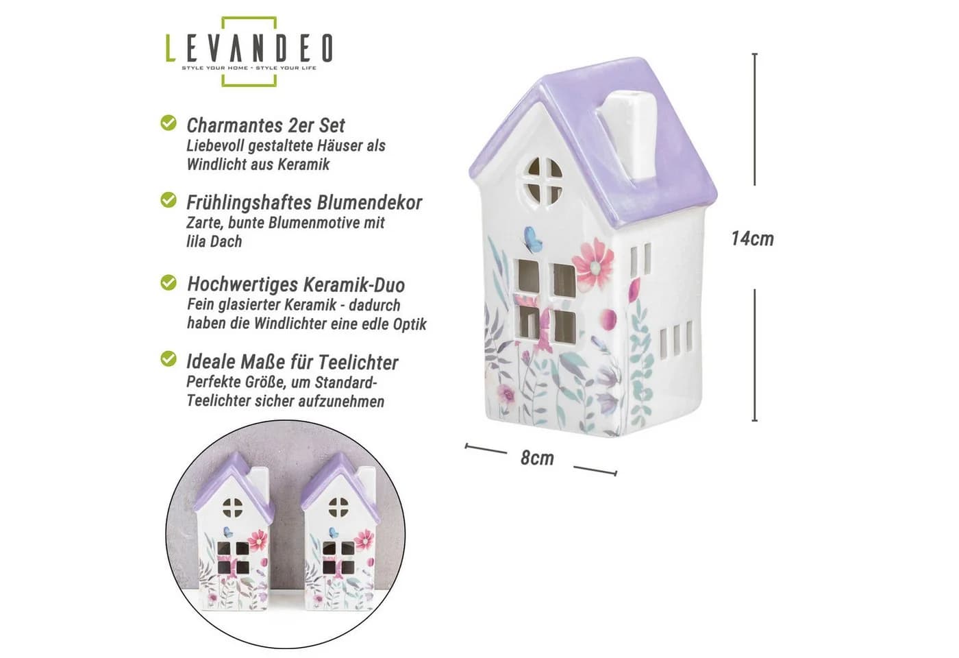 Levandeo® Teelichthalter 2er Set Häuser Bunt/Lila Keramik