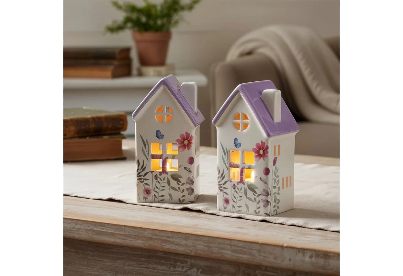 Levandeo® Teelichthalter 2er Set Häuser Bunt/Lila Keramik - Bild 3