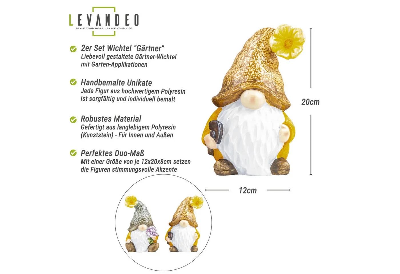 Levandeo® Gartenzwerg 2er Set Wichtel Kunstharz Gelb/Grün/Weiß - Bild 3