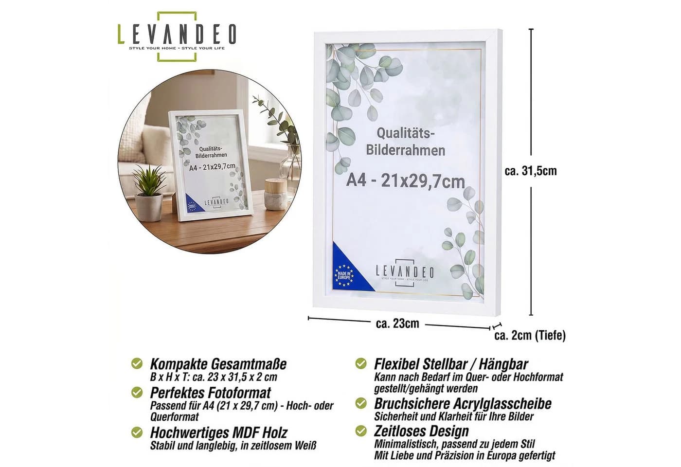 Levandeo® Bilderrahmen A4 Weiß MDF Holz Acrylglas