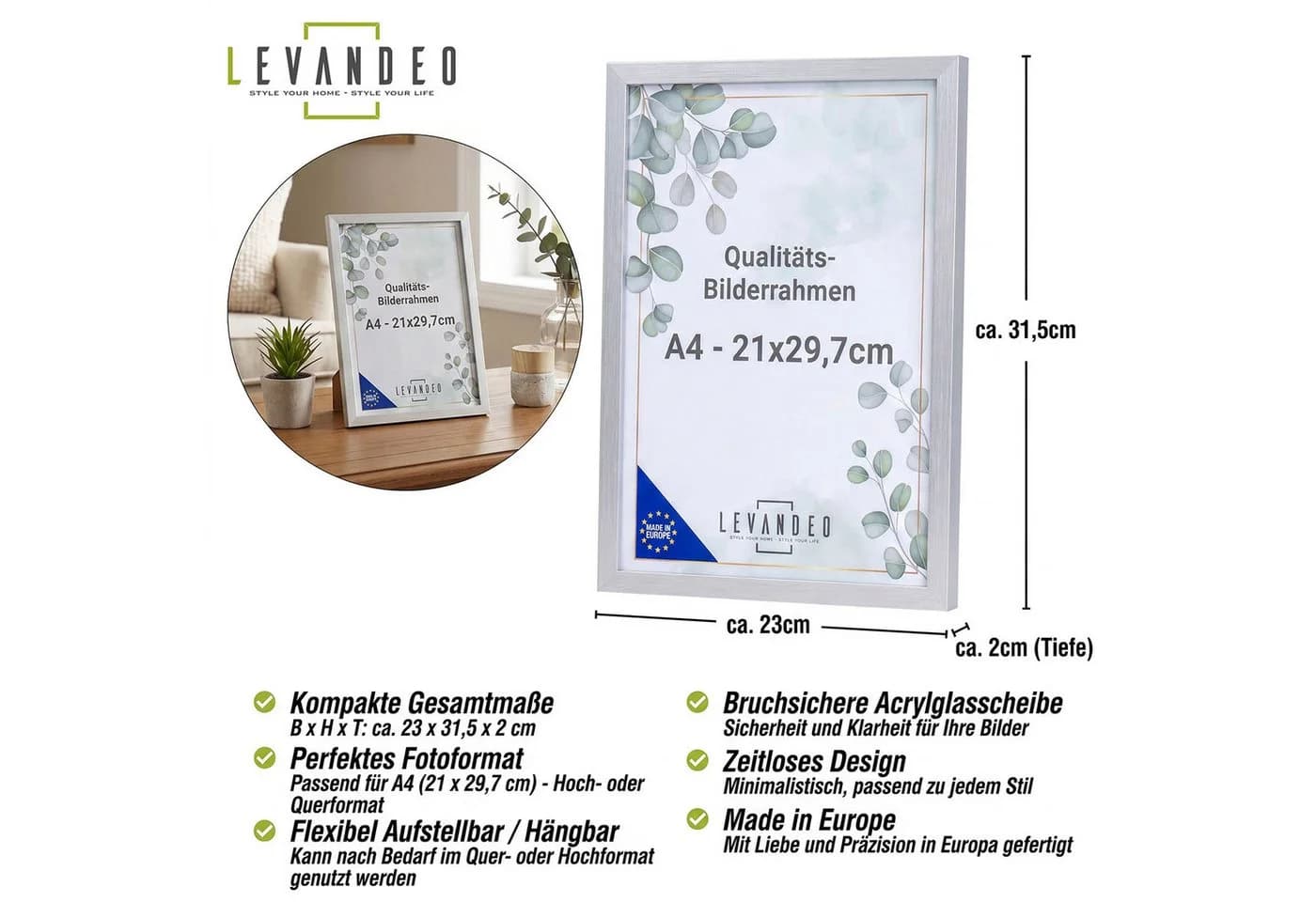 Levandeo® Bilderrahmen A4 Silber MDF Holz Acrylglas