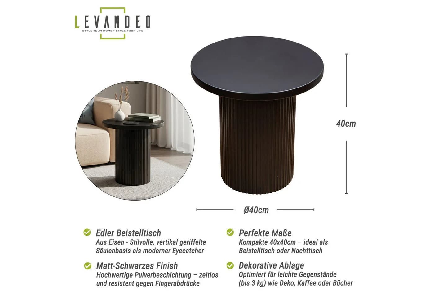 Levandeo® Beistelltisch Rund Schwarz Matt Metall - Bild 3