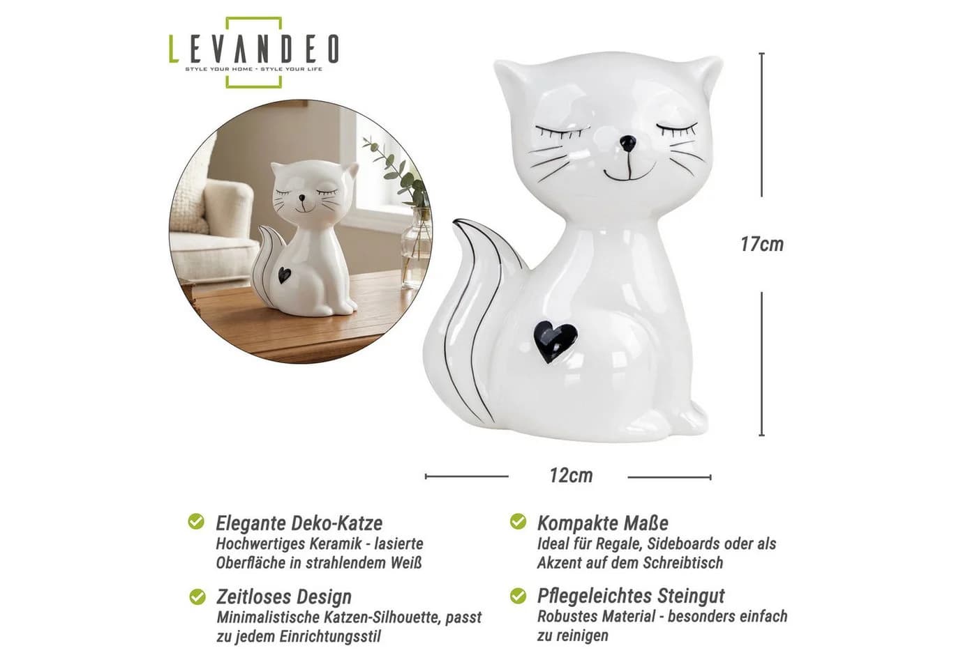 Levandeo Dekofigur Katze Keramik Schwarz Weiß Skulptur - Bild 3