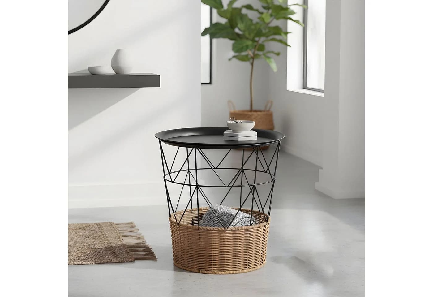 Levandeo® Beistelltisch Rund Schwarz Korb-Geflecht mit Tablett - Bild 2
