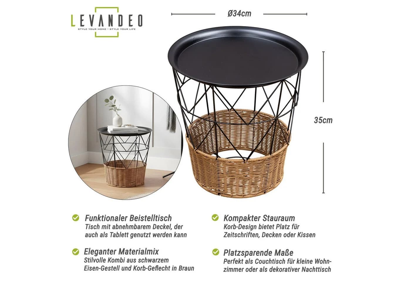 Levandeo® Beistelltisch Rund Schwarz Korb-Geflecht mit Tablett - Bild 3