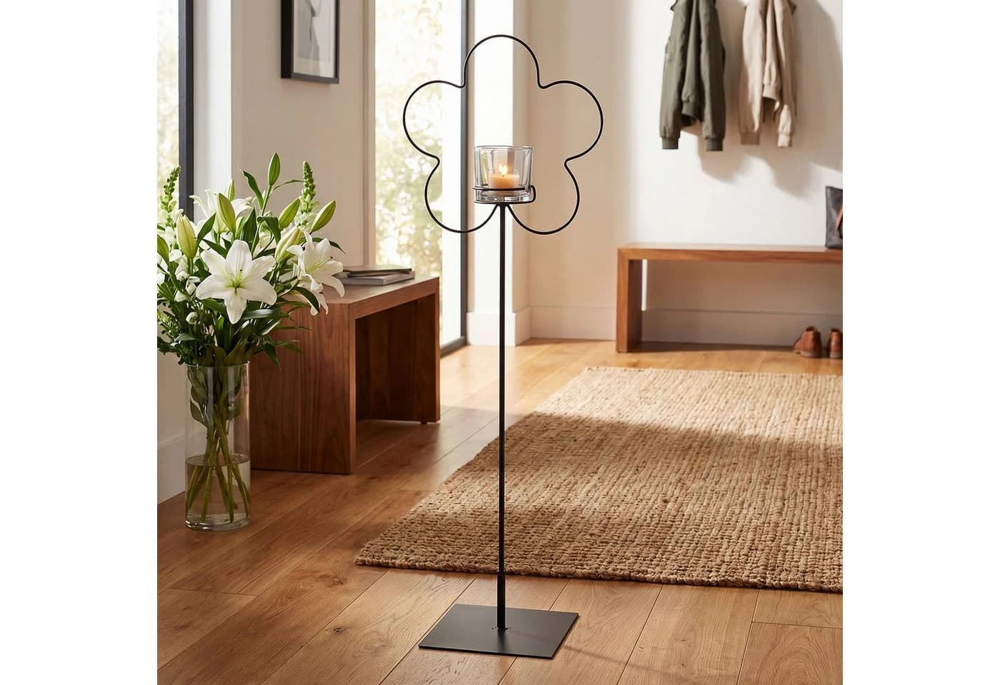 Levandeo® Boden-Kerzenhalter Schwarz Metall Blumen-Silhouette Skandi-Design - Bild 5