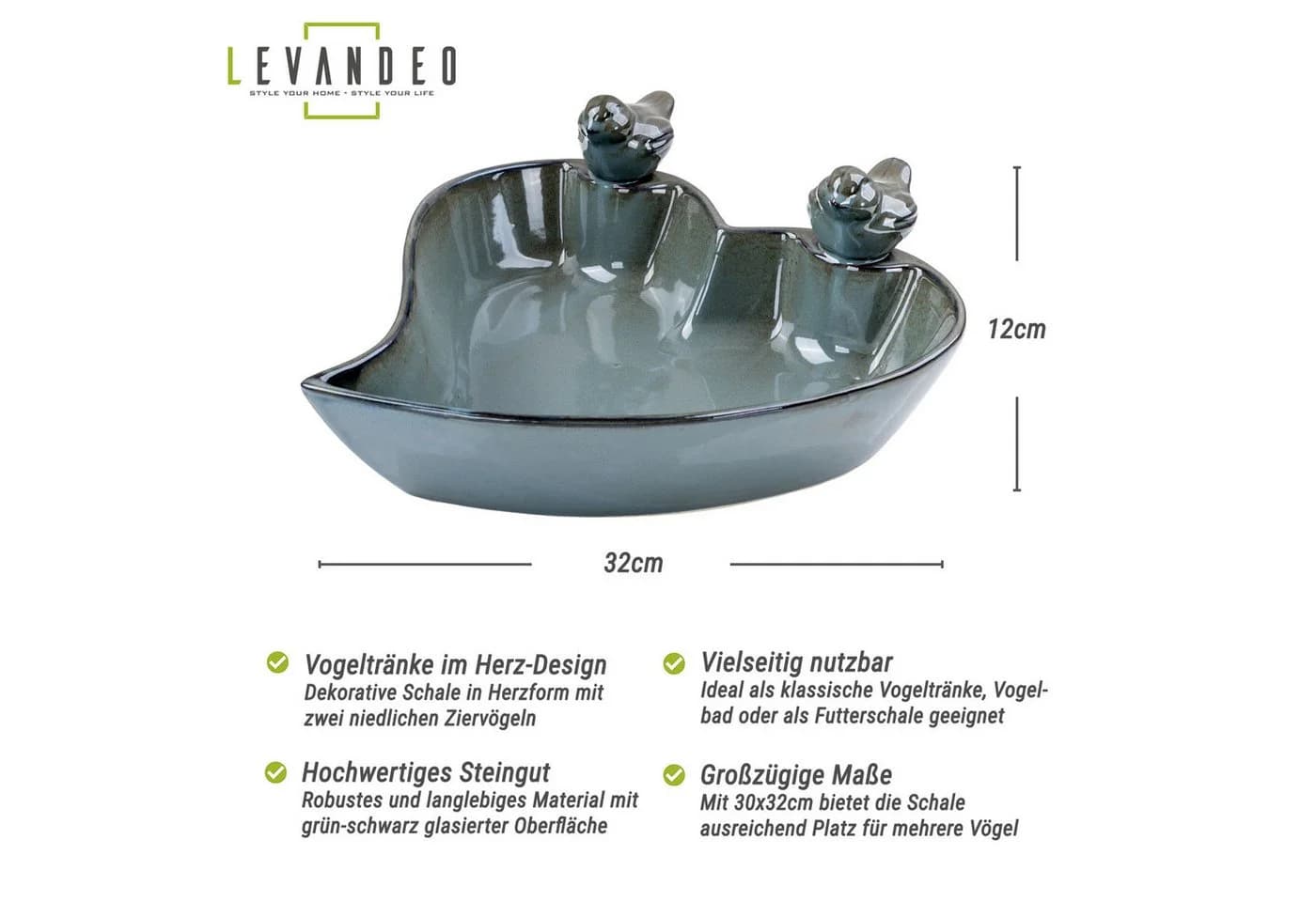 Levandeo® Vogeltränke Herzform Grün Schwarz Steingut Glasiert
