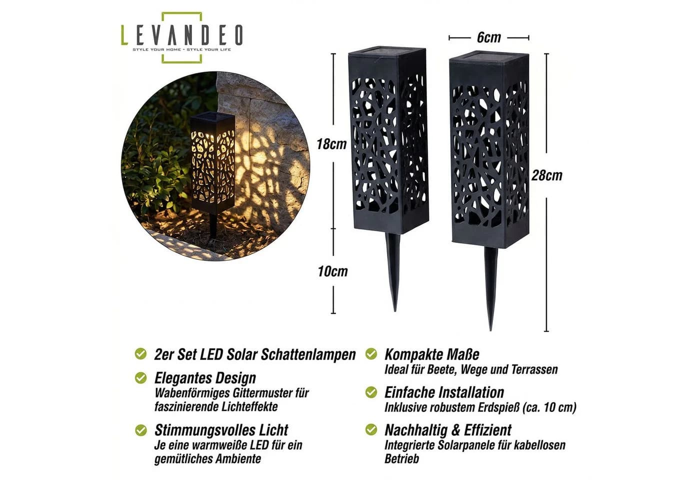 Levandeo® LED Gartenfackel 2er Set Solarleuchte Schwarz Warmweiß - Bild 3