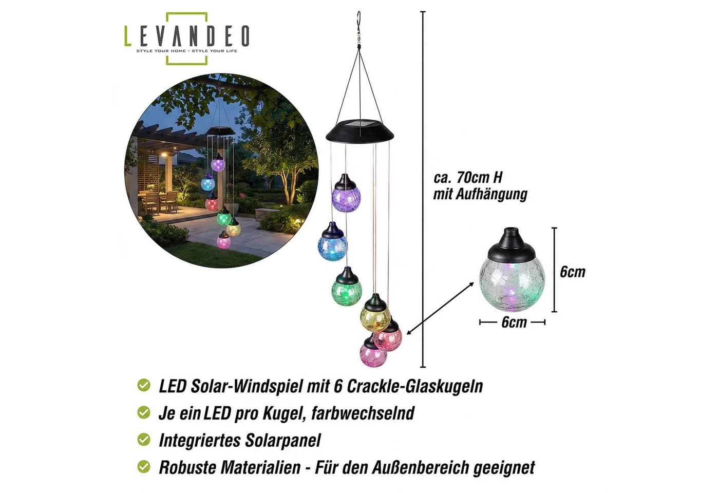 Levandeo® Solar LED Windspiel mit 6 Crackle-Glaskugeln Farbwechsel - Bild 3