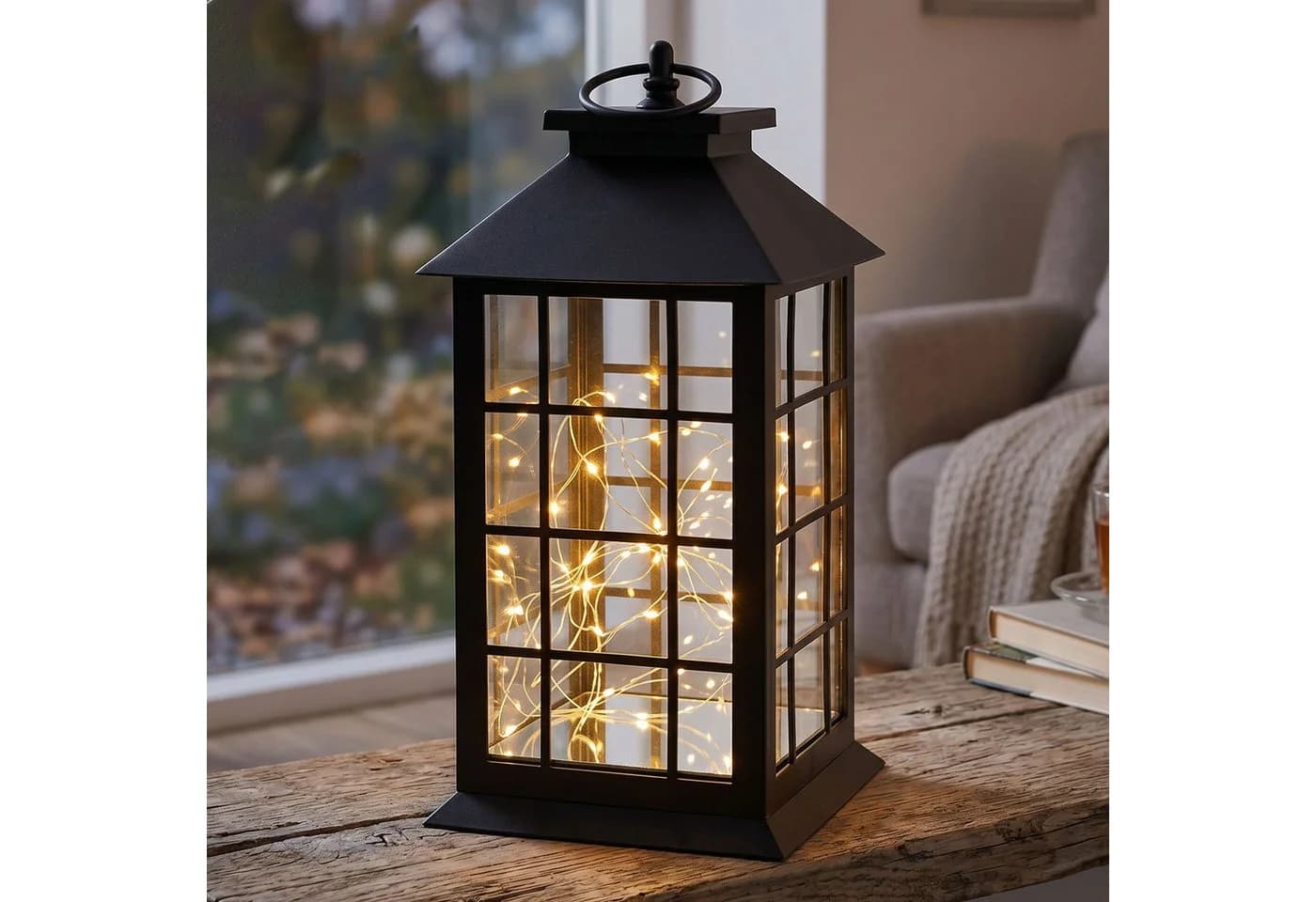 Levandeo LED Laterne Schwarz mit Timer & LED Lichterkette - Bild 2