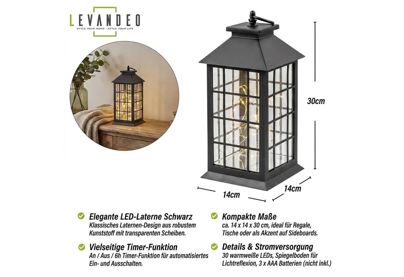 Levandeo LED Laterne Schwarz mit Timer & LED Lichterkette - Bild 3