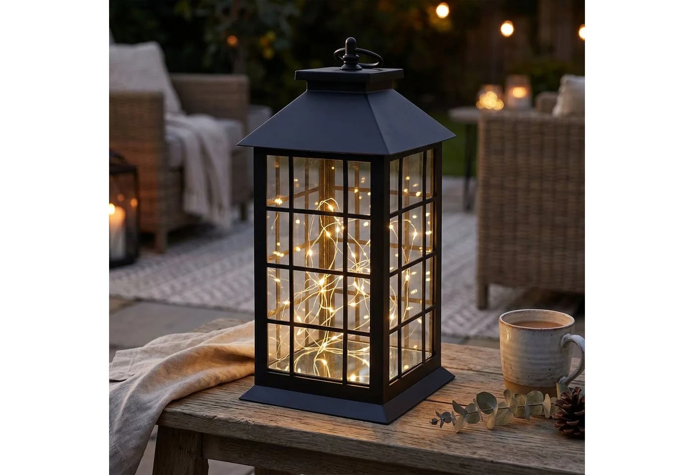 Levandeo LED Laterne Schwarz mit Timer & LED Lichterkette - Bild 5