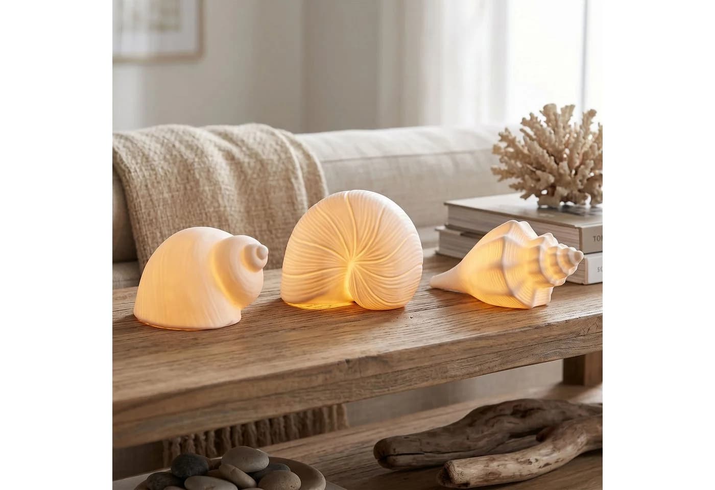 Levandeo® LED Deko Muschel 3er Set Weiß Porzellan Warmweiß - Bild 4