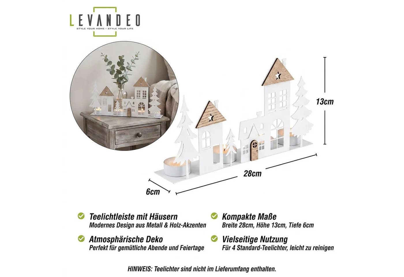Levandeo® Teelichthalter Häuser Weiß 4 Kerzen MDF Holz Metall - Bild 3
