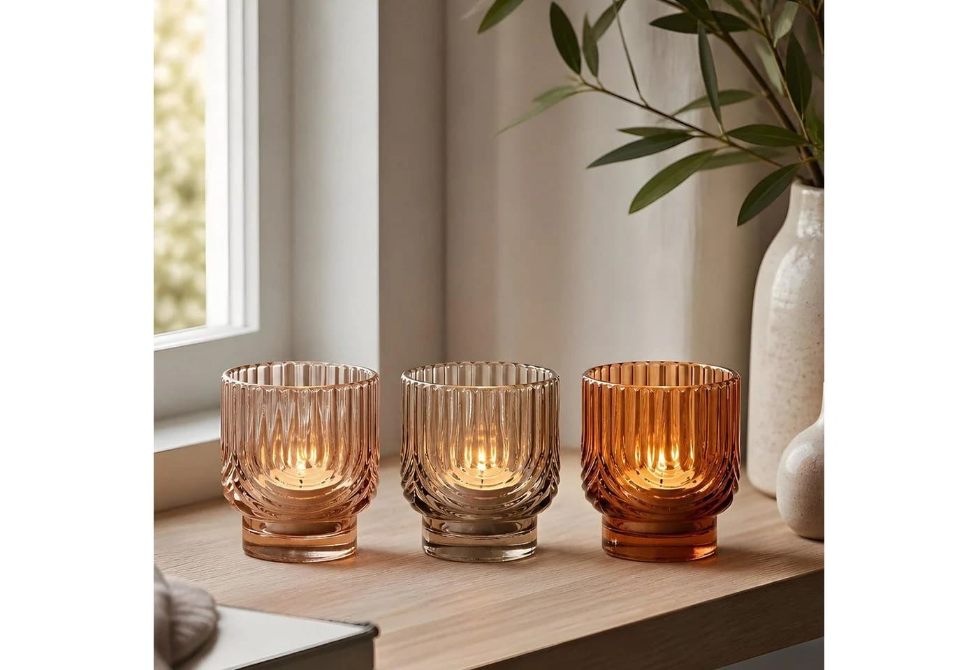Levandeo® Teelichthalter 3er Set Bernstein Beige Orange Glas - Bild 2