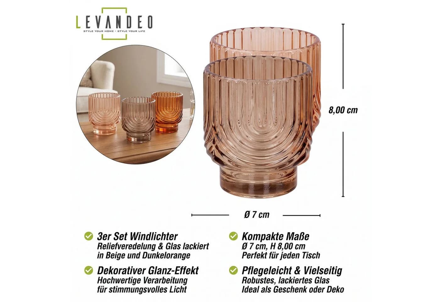 Levandeo® Teelichthalter 3er Set Bernstein Beige Orange Glas - Bild 3