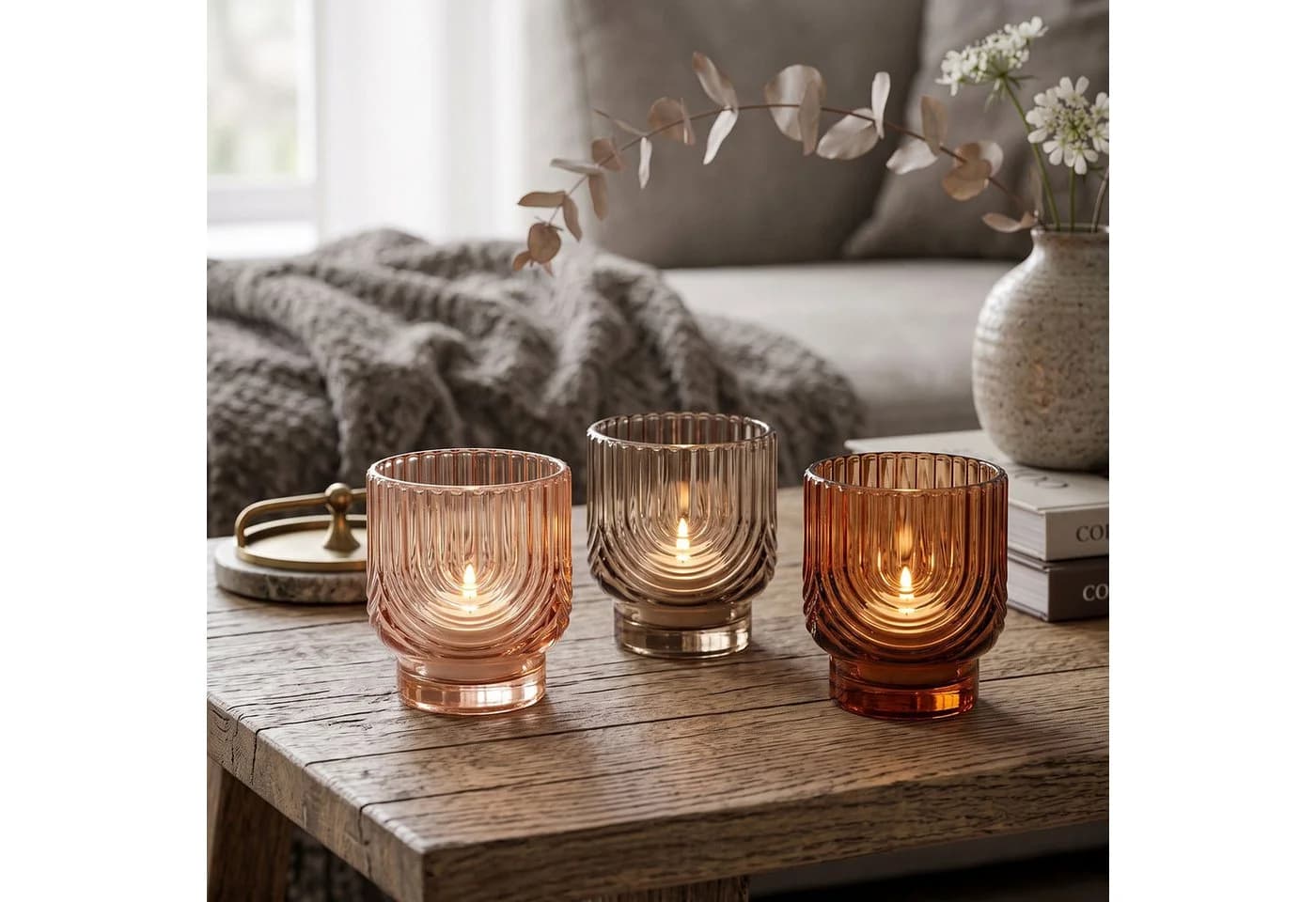 Levandeo® Teelichthalter 3er Set Bernstein Beige Orange Glas - Bild 4
