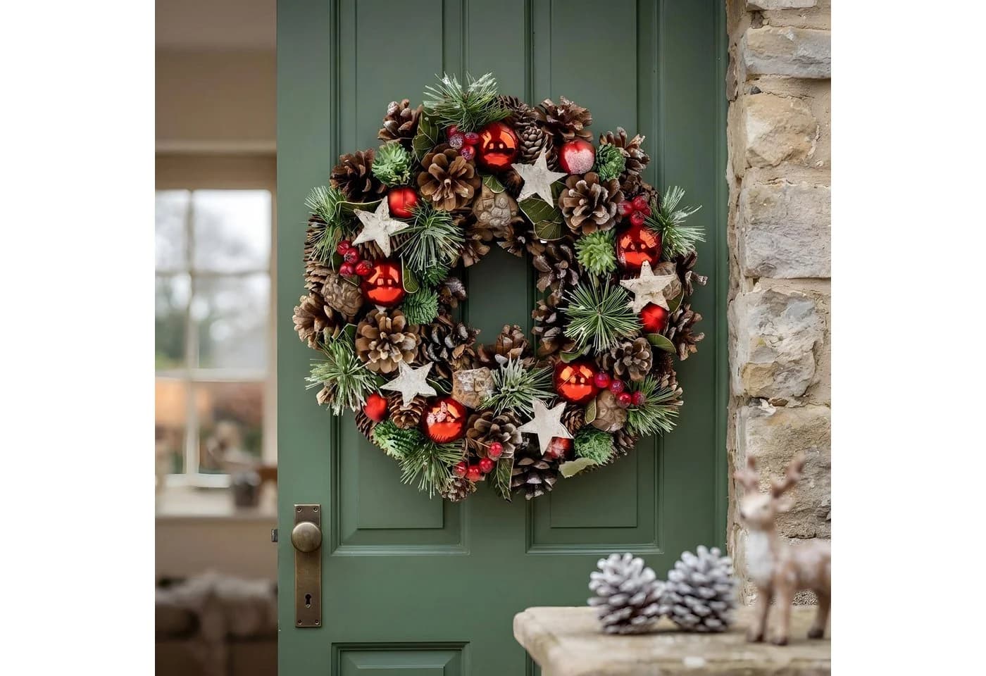 Levandeo® Adventskranz 34cm Türkranz Tischdeko Tannengrün mit roten Kugeln - Bild 2