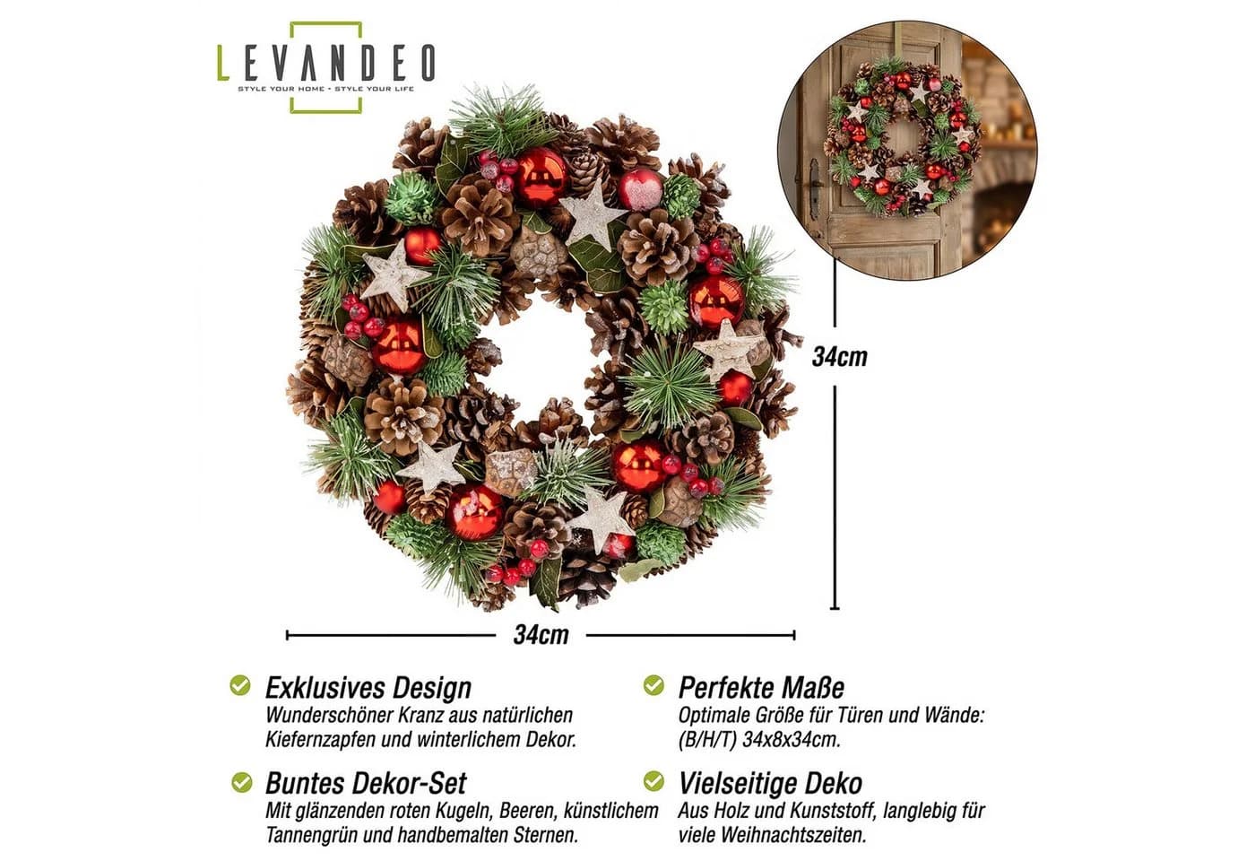Levandeo® Adventskranz 34cm Türkranz Tischdeko Tannengrün mit roten Kugeln - Bild 3