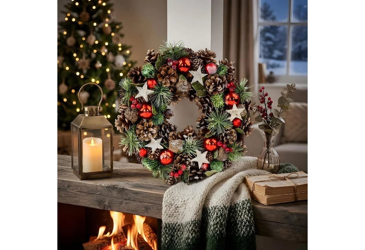 Levandeo® Adventskranz 34cm Türkranz Tischdeko Tannengrün mit roten Kugeln - Bild 4